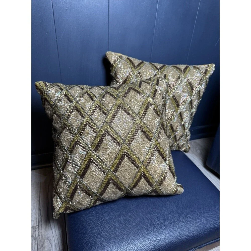 Set of 2 Pier 1 Gold Beaded Accent Throw Pillows 12x12 Geometric Diamond